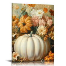 Őszi töklámpás vászonkép falra – fehér tök csendélet, őszi aratás, hálaadás és halloweeni dekoráció, 40x50 cm