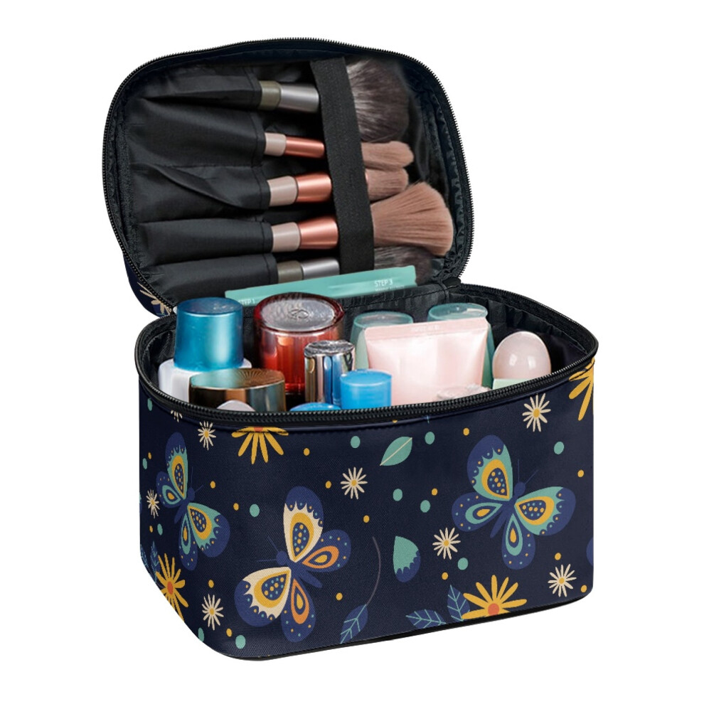 Portable Cosmetic Makeup Bag Makeup Cosmetic Bag Multi-Function Makeup Organizer Fold Flat Travel Make Up Organizer Portable, Butterflies and Flowers