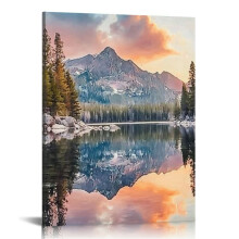 Mountain Lake Canvas Wall Art – Nature Landscape Painting with Forest & Reflection, Rustic Scenic Print, 16x20 in