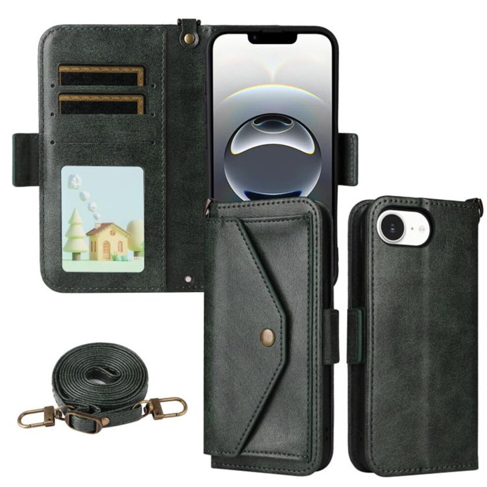 Vintage Leather Wallet Case For Iphone 16E Â Shockproof, Multi-Card Slots, Hidden Button Pocket, Detachable Strap, Green 9180479780496