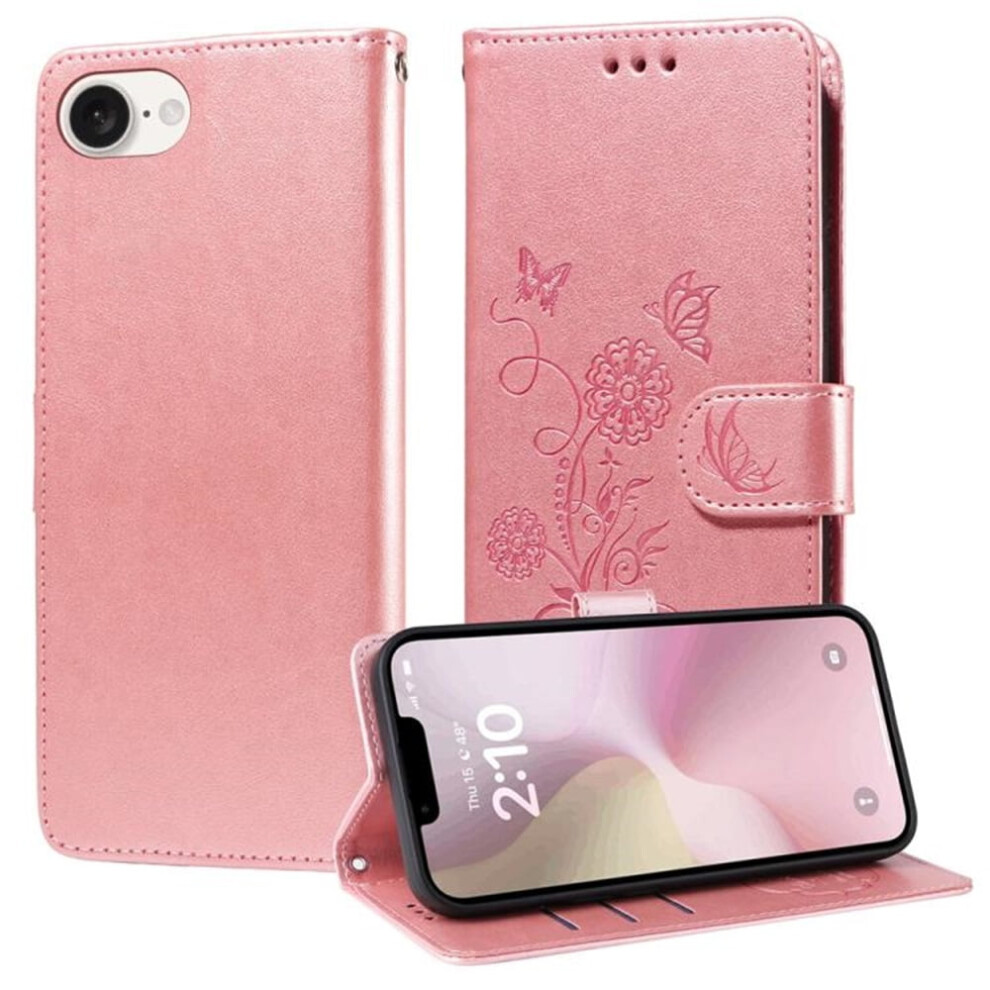 Leather Flip Case For Iphone 16EâEmbossed Butterfly Flowers, Card Slots, Cash Compartment, Shockproof Kickstand Pink 9180479780182