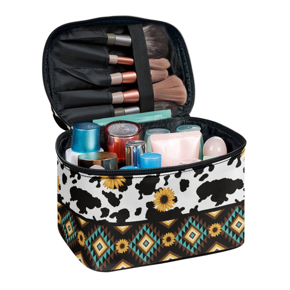 (8.86"x6.5"x5.9") Double Zipper Cosmetic Bag Polyester Cosmetic & Toiletry Organizer with Large Capacity Brush Protectors(Sunflower Cowprint)