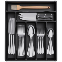 Silverware Drawer Organizer Tray, 5-Compartment Plastic Cutlery Storage for Kitchen Drawer, Compatible with Spoons, Forks, Knives – Black