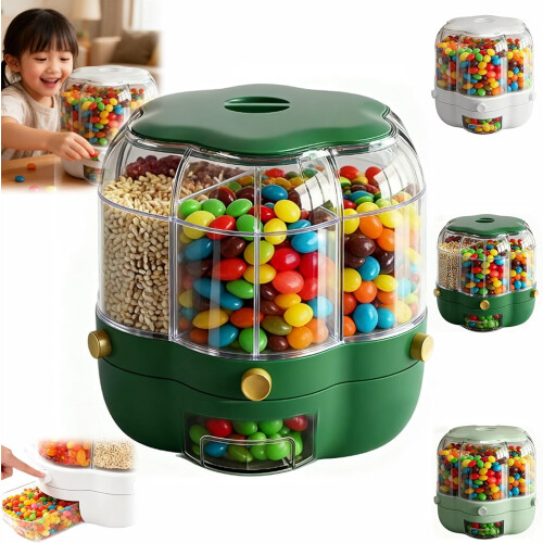 Candy Dispenser 360 Rotating with 6 Compartments, Large Capacity Multi-Purpose Kitchen Storage Container with Airtight Lid