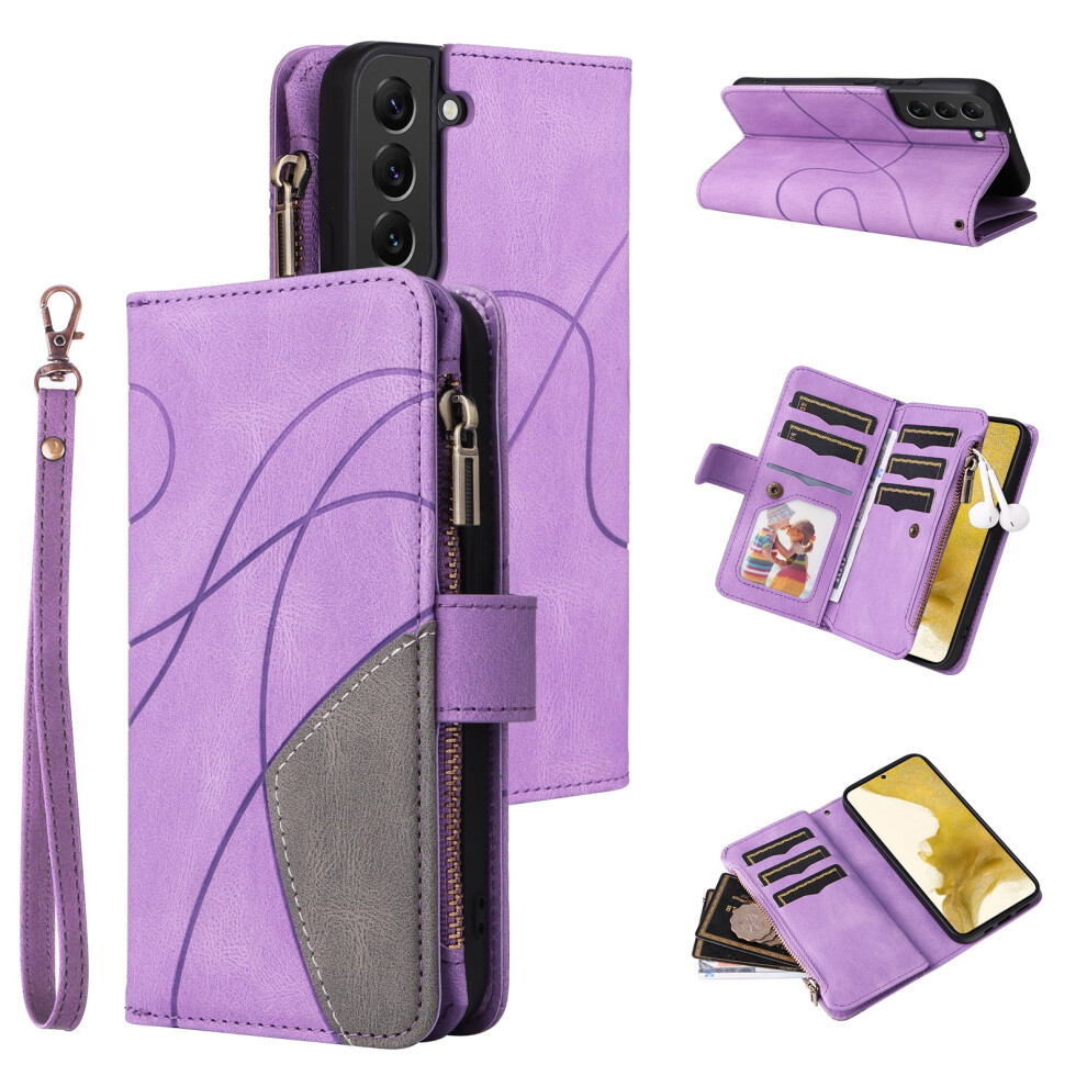 Pu Leather Folio Case For Compatible With Samsung Galaxy S22 Plus 5G Â 9-Card Holder, Zipper Pocket, Magnetic Closure, Wrist Strap Purple 9557311452291