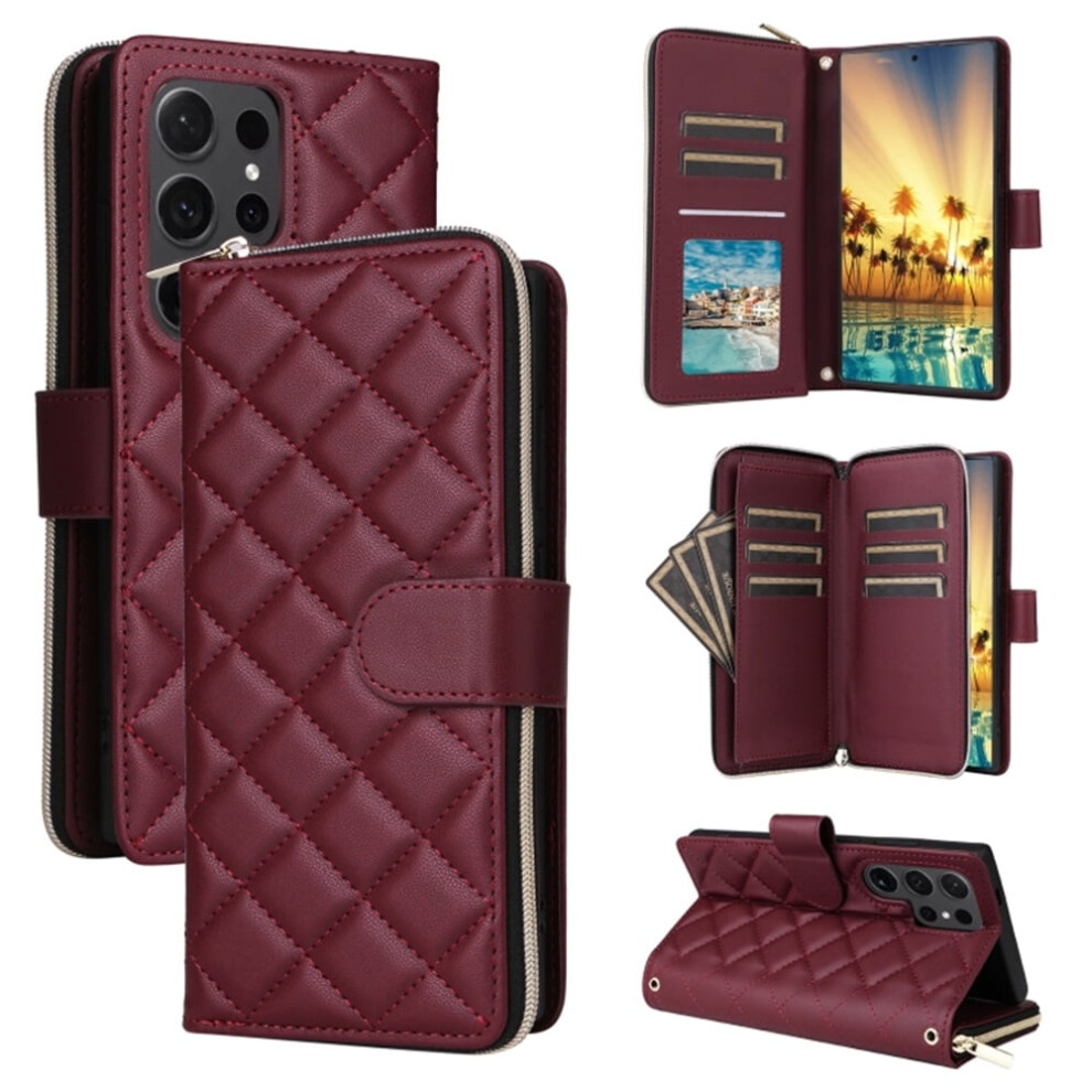 Magnetic Flip Wallet Case For Samsung Galaxy S21 Ultra 5G Â 9-Card Slots, Zipper Pocket, Detachable Shoulder & Wrist Straps, Wine Red 9557311943096