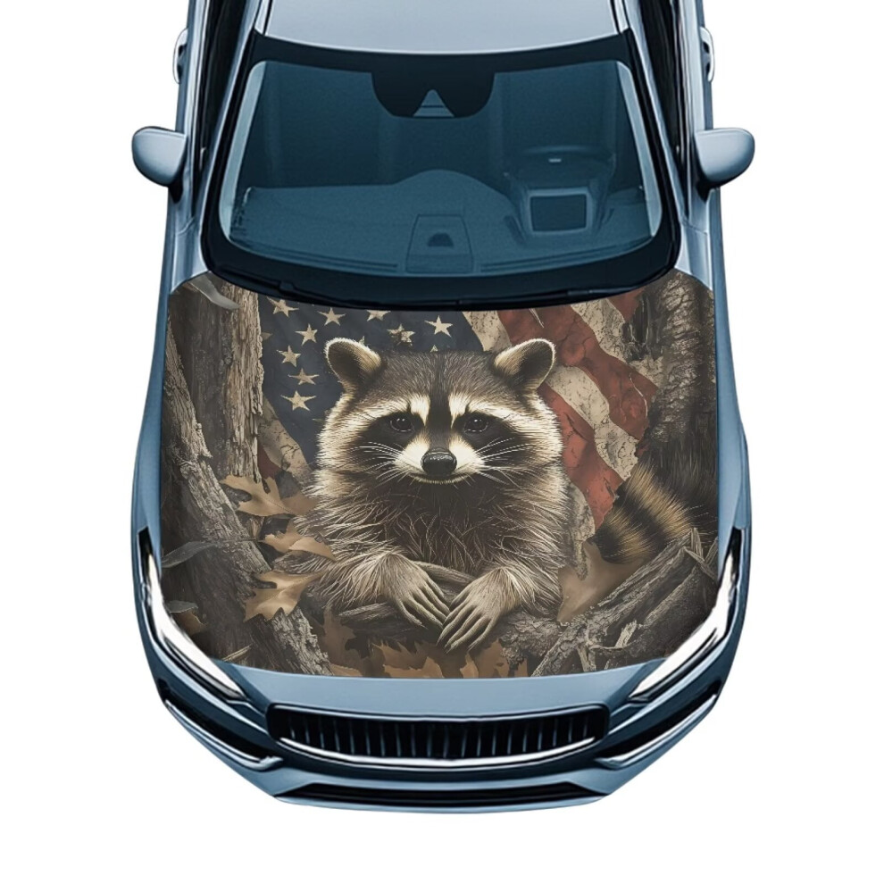 Car Hood Cover, Raccoon American Flag Car Hood Protective Auto Hoods For Cars Decor, Durable Elastic Fabric Fits Most Cars, Pickups, Suv's Hoods 9557311943201