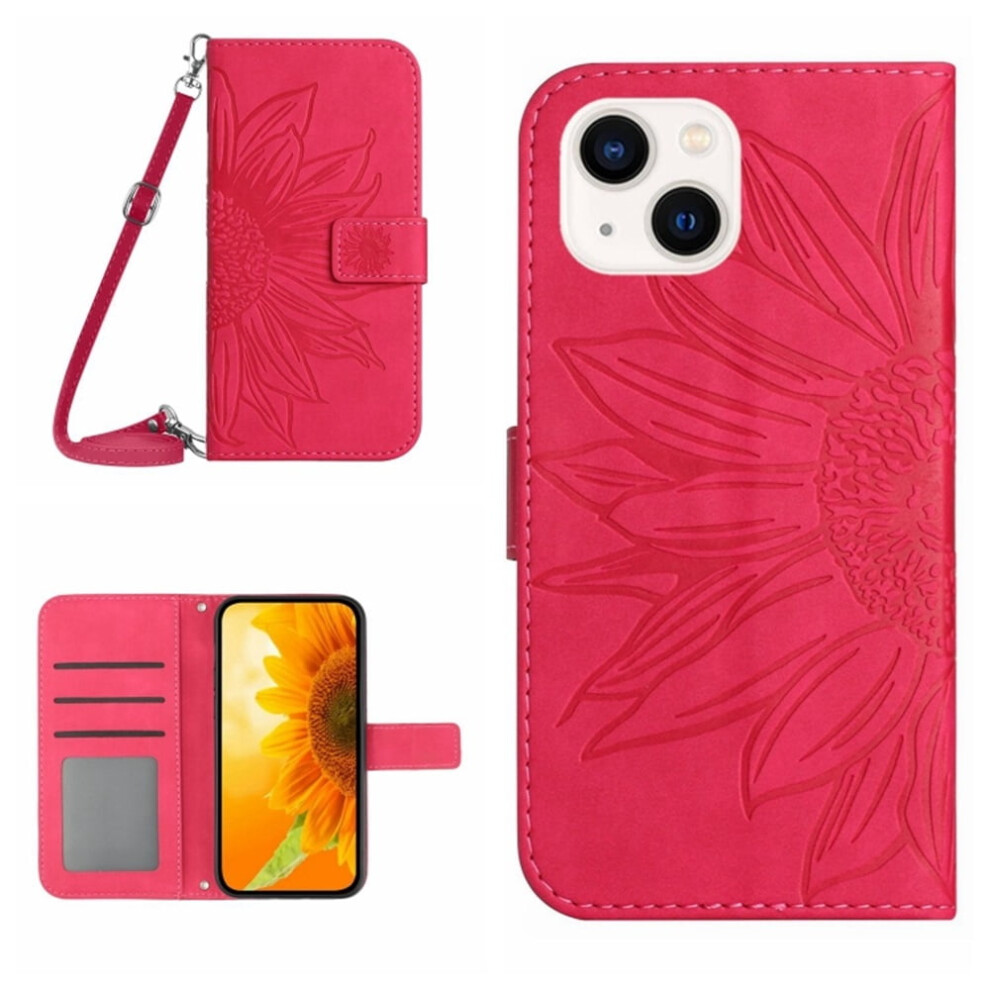 Rose Pu Leather Flip Wallet Case For Iphone 14 Plus 6.7" – Sunflower Embossed, Strong Magnetic Closure, Card Slots, Adjustable Strap, Compatible Red 9557311943225