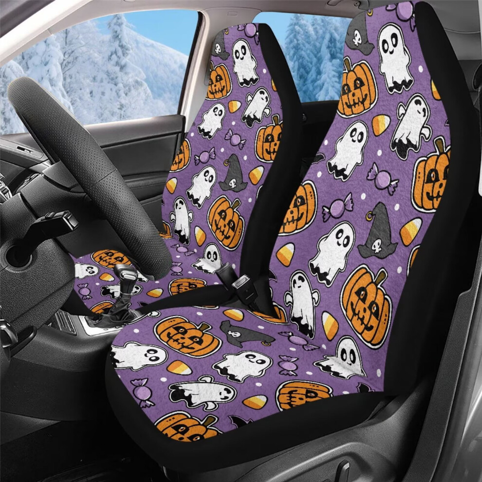 Fuzzy Fur Car Seat Covers (Front Only, 2 Pcs), Soft Halloween Ghost/Pumpkin Print, Compatible With Most Vehicles Coral 9557311943447