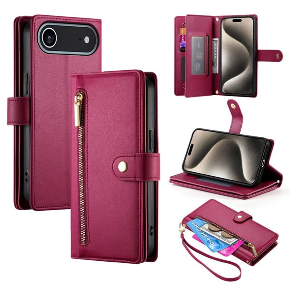 Leather Wallet Case For Iphone 17 Air (6.5"), Multi-Card Slots, Zipper Pocket, Lanyard Strap, Wristlet Â Compatible With Iphone 17 Air Red 9557311945557