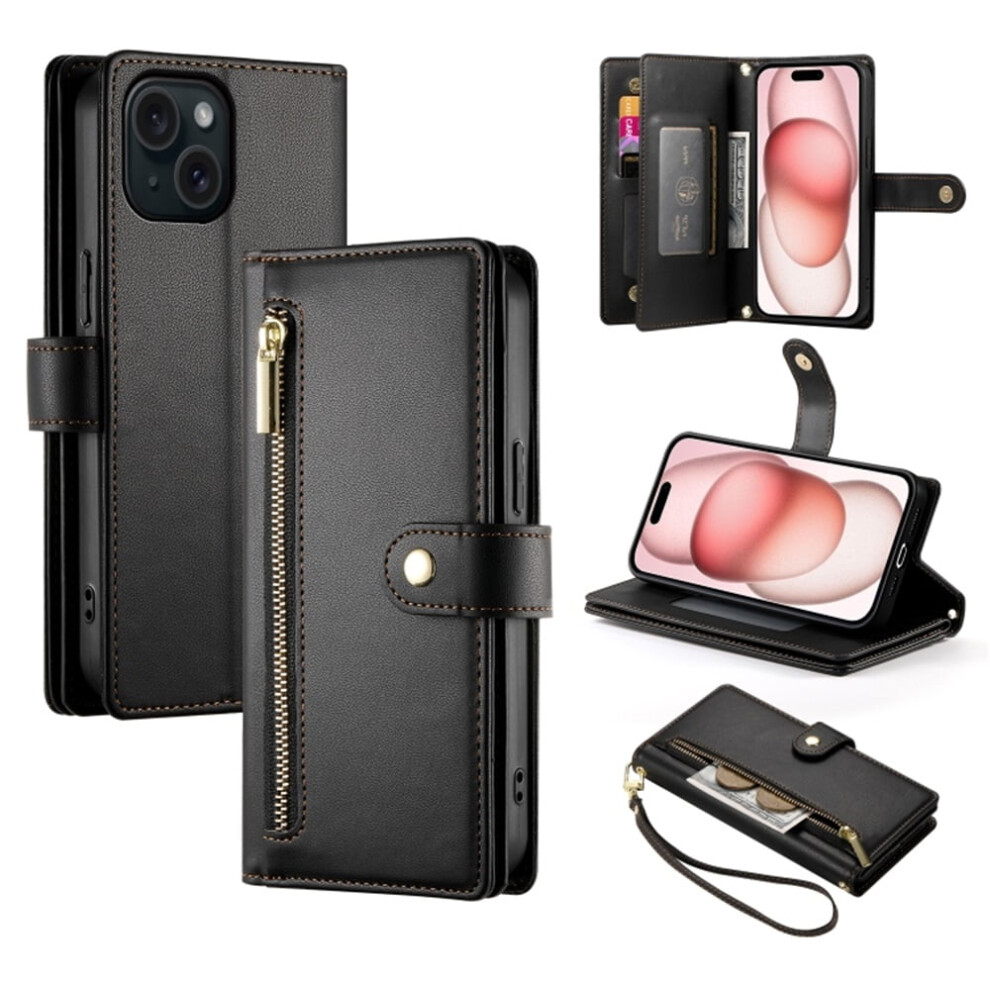 Iphone 15 6.1" Wallet Case Â Leather, Multi-Card Slots, Zipper Pocket, Lanyard Strap, ; Compatible With Iphone 15 Black 9557311947964