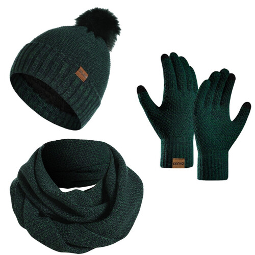 Grünes Damen-Strickset: Mütze, Schal & Handschuhe, Acryl