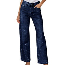 Damen-Jeans, hochgeschnittene Damen-Jeans, weites Bein, lässige Jeans mit Strassdesign, dunkelblaue Jeans mit Tasche, Baggy-Jeans für Damen