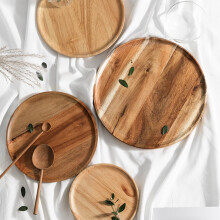 Plateau de service rond en bois d'acacia de qualité supérieure avec rebord surélevé – Plateau décoratif polyvalent pour table basse,