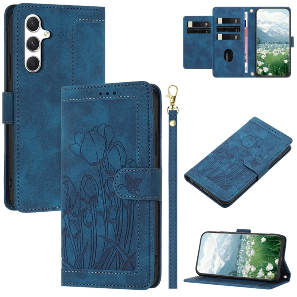 Leather Flip Wallet Case For Compatible With Samsung Galaxy A34 5G Â Tulip Embossed, 5-Card Holder, Magnetic Closure, Blue 9193271069799