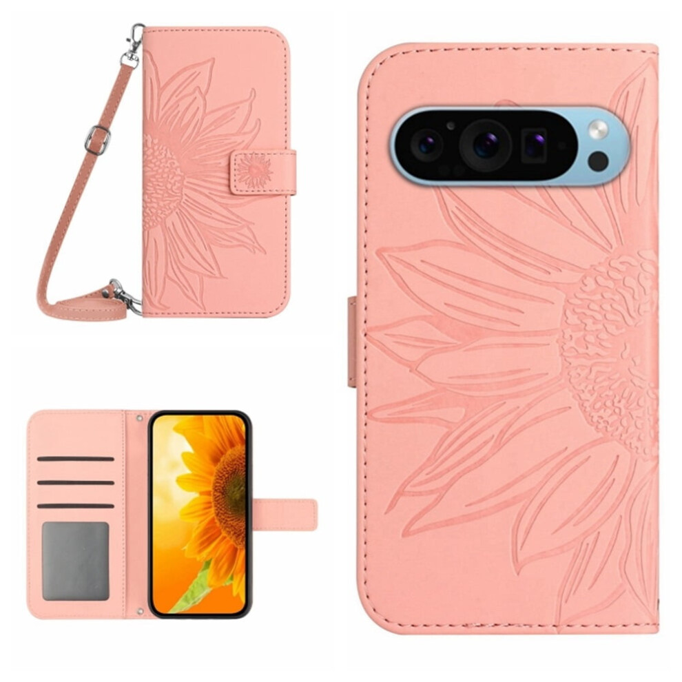 Pu Leather Flip Wallet Case For Google Pixel 9 / Pixel 9 Pro 6.3", Sunflower Embossed, Strong Magnetic Closure, Card Slots, Adjustable Shoulder Pink 9193271072478