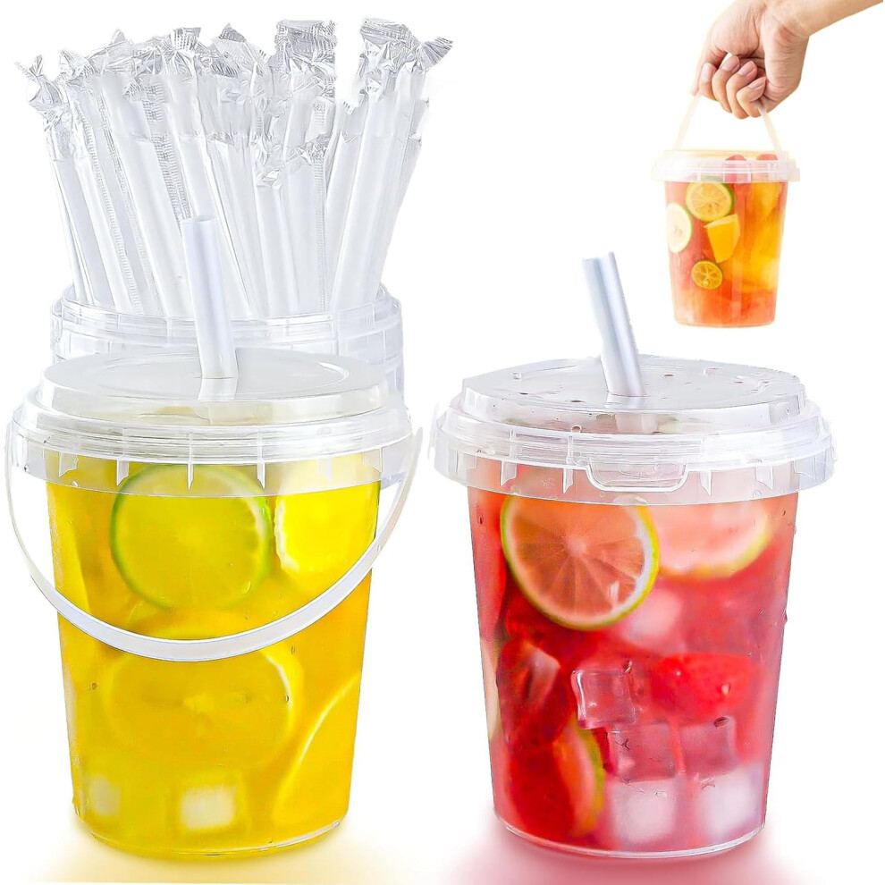 Mini Drink Buckets With Lids & Straws, 24Oz Reusable Clear Cups, 5/10/15/20Sets Â Pool Party, Outdoor Beverage Packaging 9399596693392