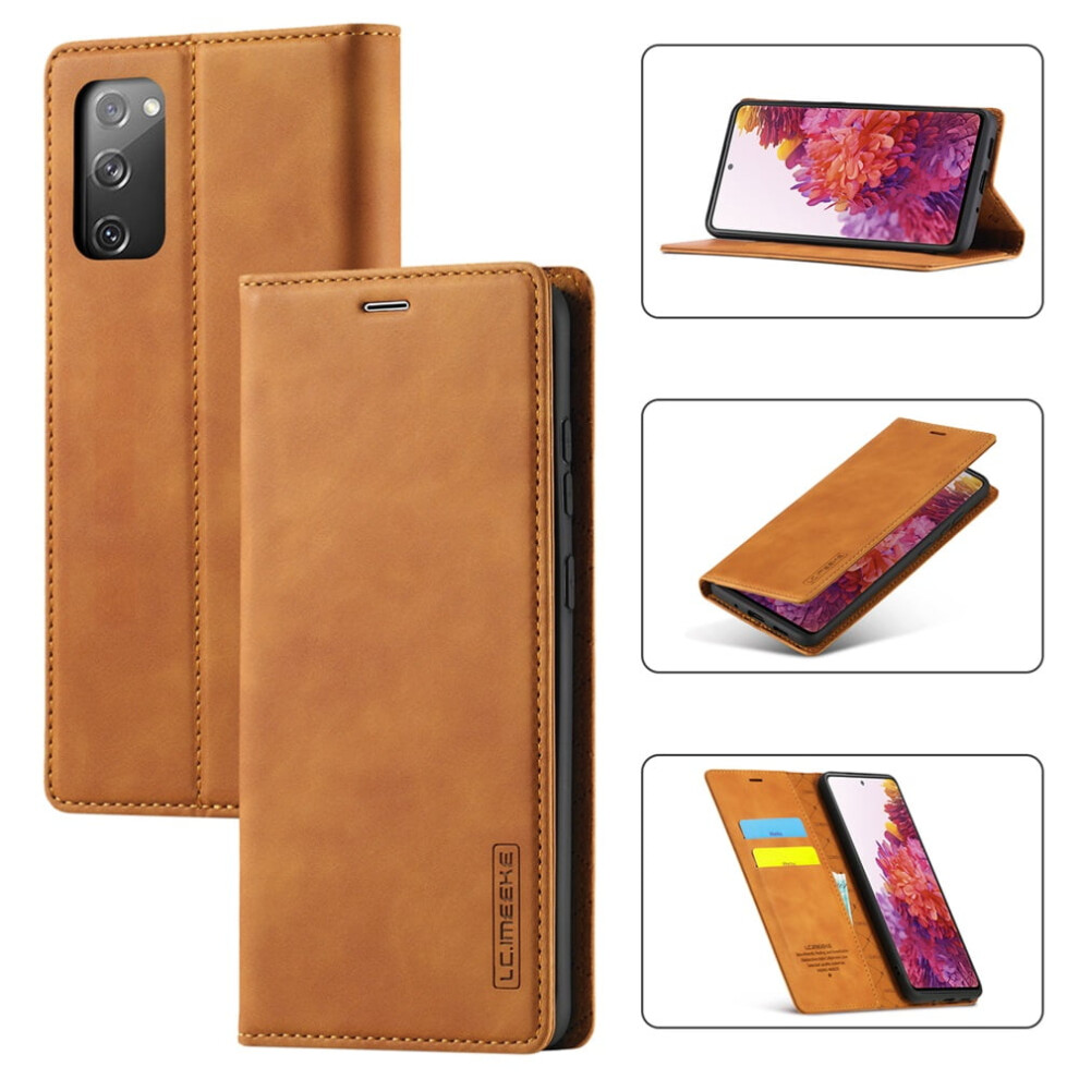 Lc.imeeke Leather Flip Wallet Case With Card Holder & Kickstand For Compatible With Samsung Galaxy S20 Fe 5G Â Magnetic, Shockproof Brown 9193271073437