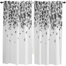 Eucalyptus Black Kitchen Curtains 2 Panels, 52x84", Rod Pocket, Watercolor Botanical Leaves Design, Cafe Drapes