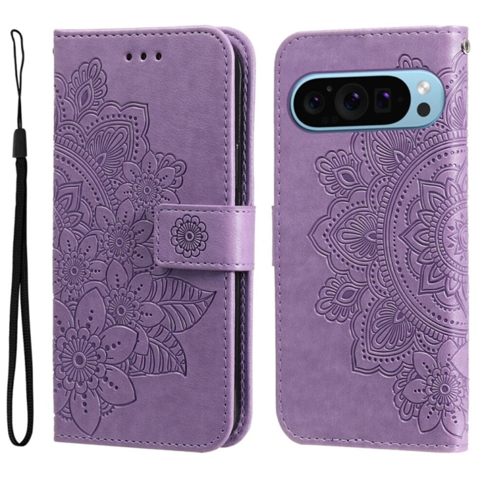 Pu Leather Flip Wallet Case For Google Pixel 10/10 Pro 6.3" Â Magnetic Closure, Card Slots, Hanging Rope, Seven Petal Flower Embossed Purple 9193271073550