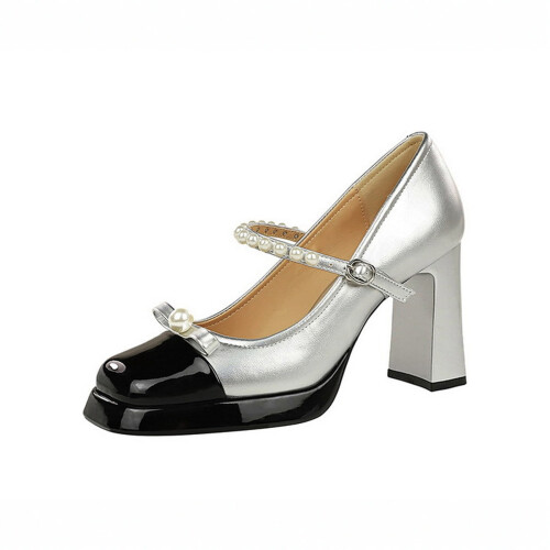 Women's Mary Jane Pearl Bow Strap Block Heel Pumps 1