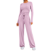 Conjunto de dos piezas para mujer, otoño: top fruncido de manga larga y pantalón ancho, chándal rosa, talla L