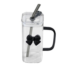 400ml vattenkopp i glas med rosett, handtag, sugrör och lock – transparent, alla hjärtans dag-present till henne och heminredning