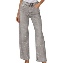 Jeans da donna a vita alta, dritti, a gamba larga, casual, con strass, pantaloni in denim da donna con tasca, pantaloni grigi, abbigliamento da donna