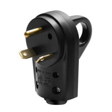 Zwarte, robuuste nylon RV-stekker (30A, 125V) voor verlengsnoeren van campers, caravans en trailers.