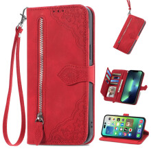 Kompatibel mit Samsung Galaxy A42 5G Wallet Case – Flip-Folio-Hülle aus PU-Leder mit Reißverschluss, Kartenfach, stoßfester Handschlaufe, Rot