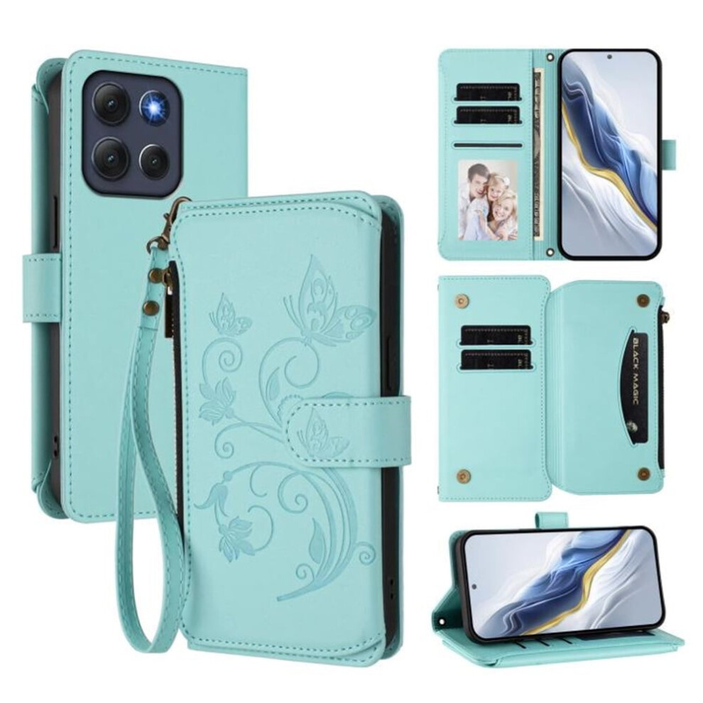 Magnetic Clasp Flip Stand Case For Motorola Moto G86 5G Â Lanyard, 5-Card Holder, Butterfly Flower Design, Mint Green 9340959376735
