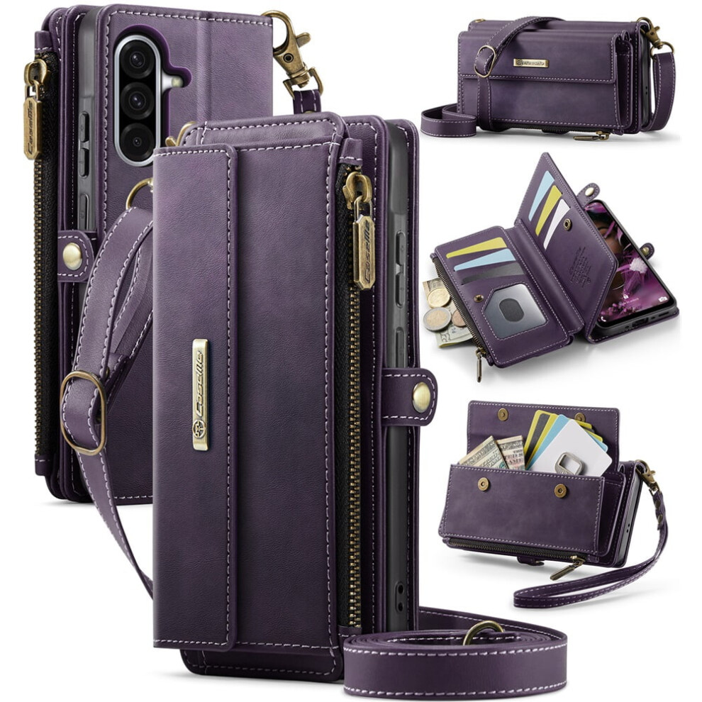 Caseme Wallet Case For Samsung Galaxy A56 Â Rfid Blocking Pu Leather Flip Cover With Kickstand, Wrist Strap, Zipper & Card Slots, Purple 9340959377442