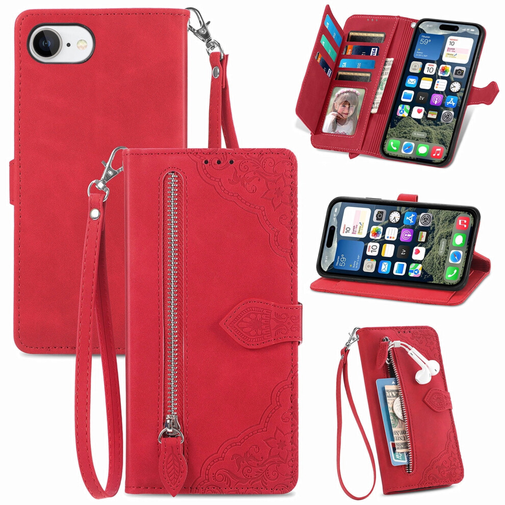 Compatible With Iphone 16E 6.1" Case Â Pu Leather Magnetic Flip Wallet With Lanyard, Wristlet & Zipper Card Holder 9340959378074