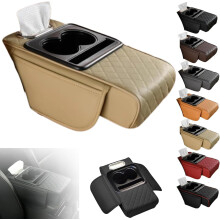 Tapete multifuncional em couro PU para apoio de braço de carro com compartimentos para armazenamento, porta-copos e porta-lenços – Compatível