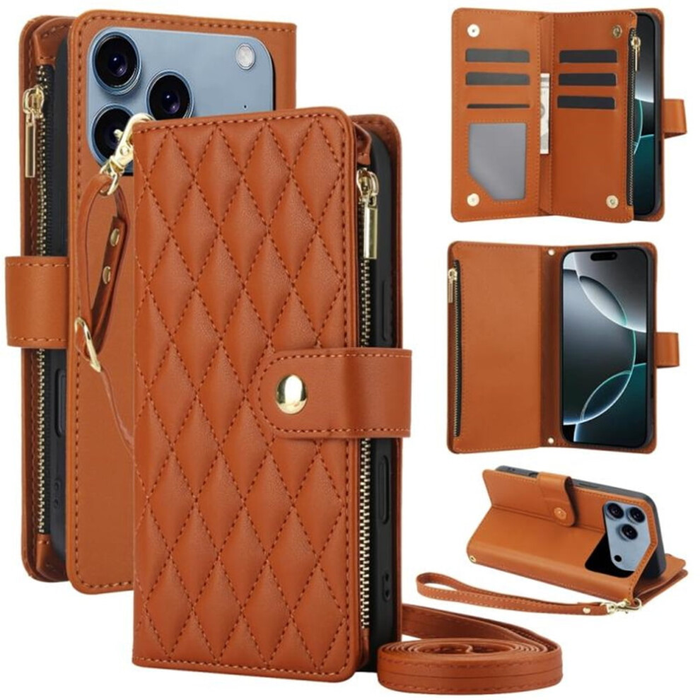 Rfid-Blocking Flip Wallet Case For Iphone 17 Pro Max 6.9", With Card Slots, Kickstand, Wrist Strap, Lanyard & Zipper Â Brown 9340959378890