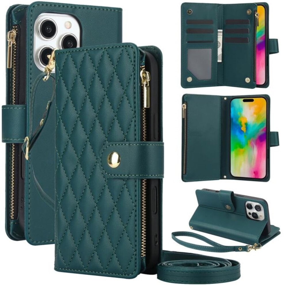 Rfid Blocking Flip Wallet Case For Iphone 15 Pro 6.1", With Card Slots, Kickstand, Wrist Strap, Lanyard & Zipper Â Green 9340959377312