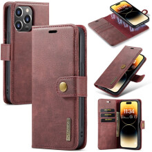 Kompatibel mit iPhone 13 Pro Max, abnehmbare magnetische Lederhülle mit Crazy-Horse-Textur, Rot.