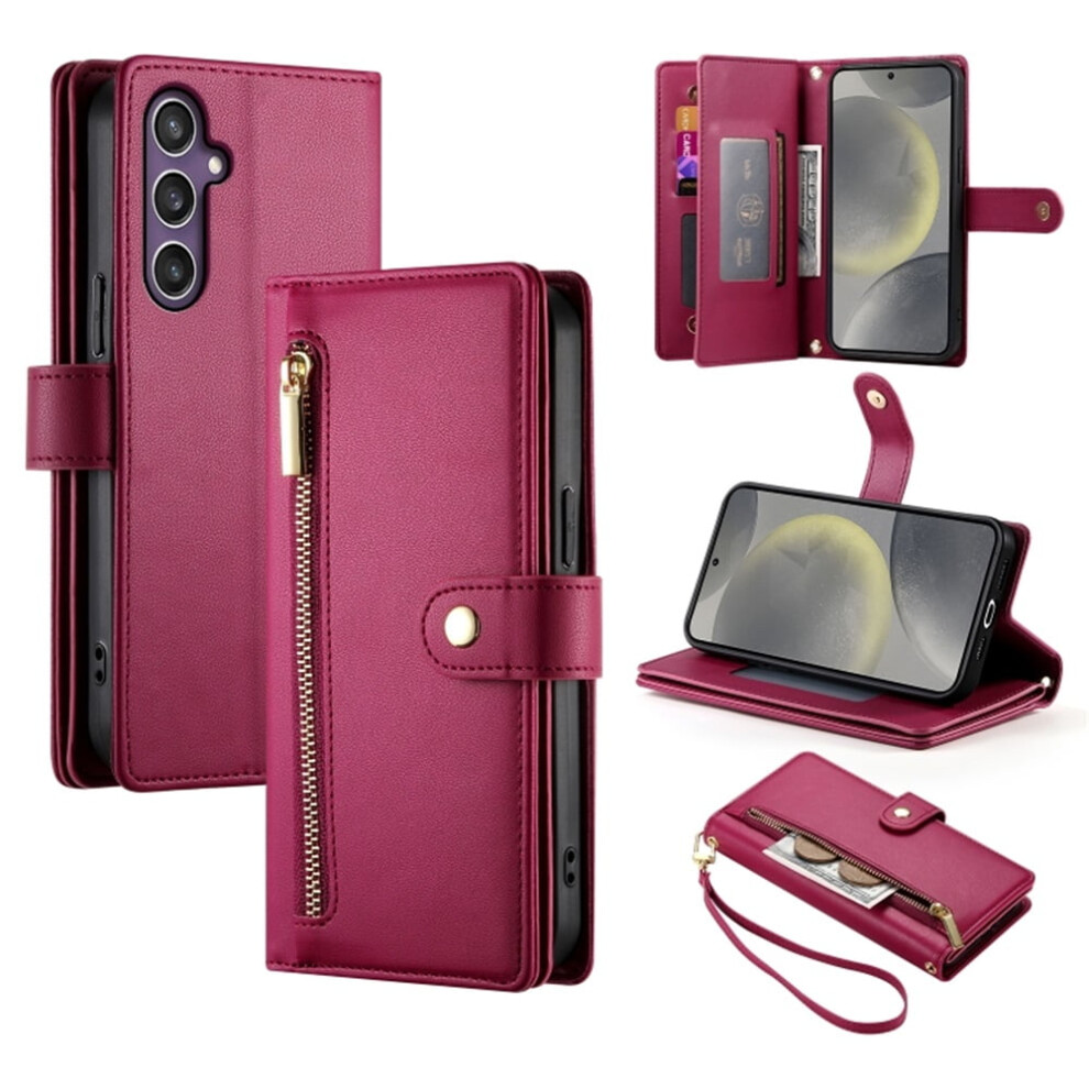 Compatible With Samsung Galaxy S24 5G 6.2" Wallet Case Â Leather, Multi-Card Slots, Zipper Pocket, Lanyard & Wristlet Red 9340959378739