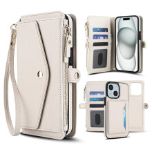 RFID Blocking 2-in-1 PU Leather Wallet Case with Magnetic Flip, Multi-Card Slots, Zipper Pocket, Detachable Straps – White, compatible with iPhone