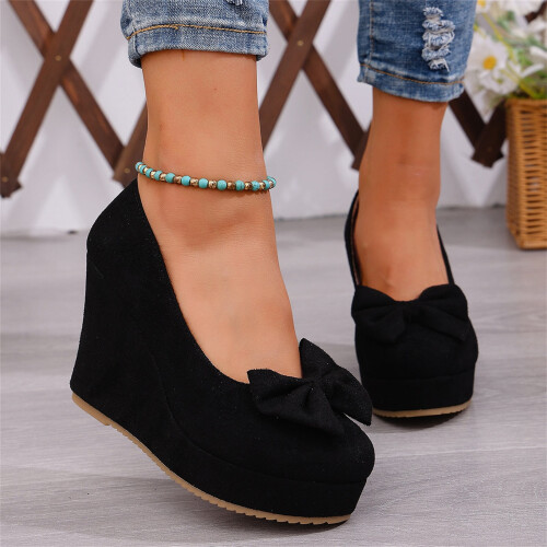 Willtoo Women's Bow Platform Wedge High Heels Ankle Strap Pumps Black