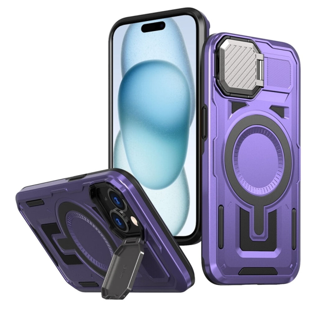 Rugged Magsafe Case For Iphone 15 Plus 6.7", Military-Grade Protection, Adjustable Metal Camera Cover Stand Purple 9180479783268
