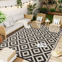 Waterproof 5x8 ft Outdoor Rug, Reversible Plastic Straw Patio Rug Compatible with RV, Porch, Deck, Balcony, Camping & Picnic – Black & White