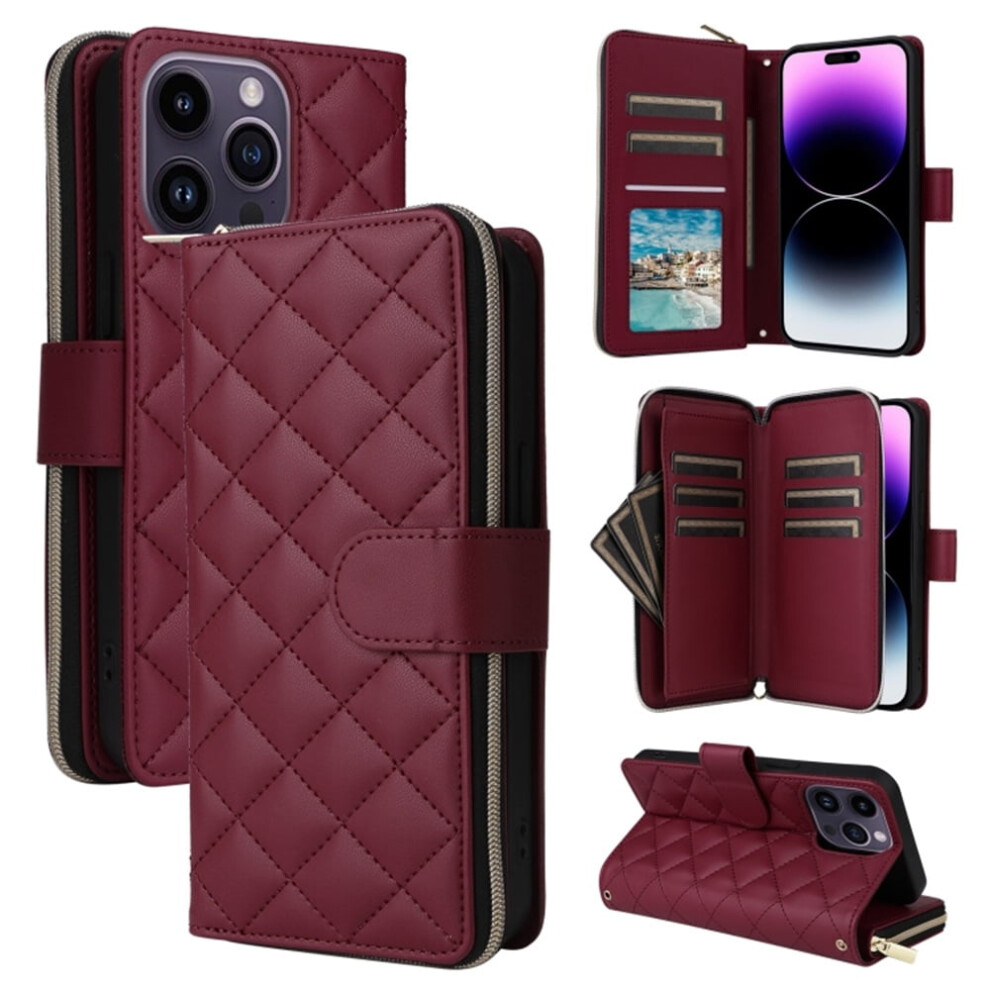 Magnetic Flip Wallet Case For Iphone 14 Pro: 9-Card Slots, Zipper Pocket, Detachable Shoulder & Wrist Straps, Wine Red 9557311948886
