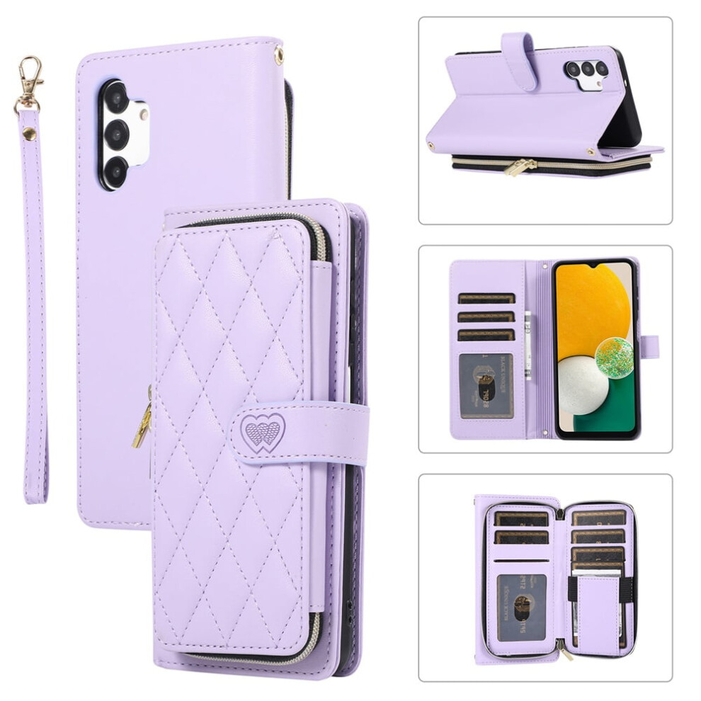 Luxury Leather Wallet Case With Wrist/Shoulder Strap, 9 Card Slots & Zipper For Samsung Galaxy A13 4G/5G/A40s 6.6" Purple 9557311948053
