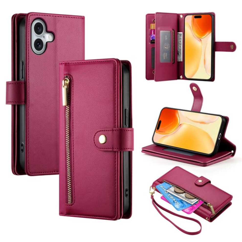 Leather Wallet Case For Iphone 17 (6.3"), Multi-Card Slots, Zipper Pocket, Lanyard Strap, Wristlet Â Compatible With Iphone 17 Red 9557311949067