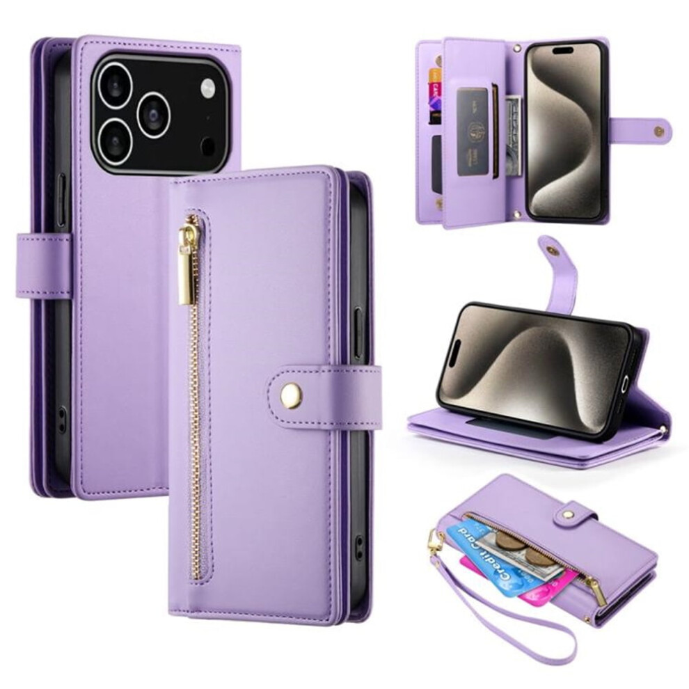 Leather Wallet Case For Iphone 17 Pro (6.3") Â Multi-Card Slots, Zipper Pocket, Lanyard Strap, Wristlet Â Compatible With Iphone 17 Pro Purple 9557311950001