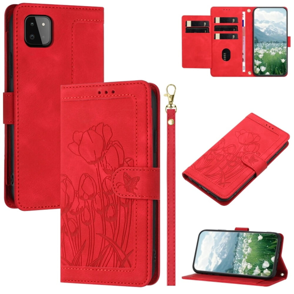 Leather Flip Wallet Case For Samsung Galaxy A22 5G Â Tulip Embossed, 5-Card Holder, Magnetic Closure, Red 9557311950070