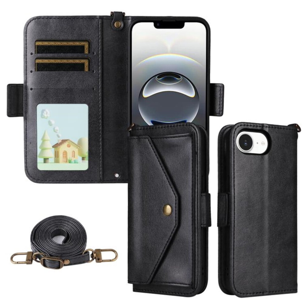 Leather Wallet Case For Iphone 16E Shockproof Black 974856065035