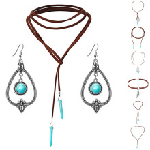 Collier ras-de-cou long en daim avec pendentif turquoise bohème et boucles d'oreilles pendantes turquoise vintage - Accessoires de bijoux pour femme