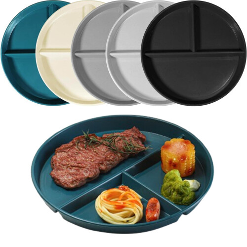 5-Pack Unbreakable 8.7" Sectioned Plates for Adults, 3-Compartment, Microwave-Safe, Lightweight – Compatible with Portion Control